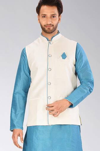 Cream dupon art silk nehru jacket with pipepin work