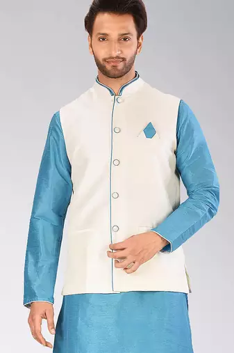 Cream dupon art silk nehru jacket with pipepin work