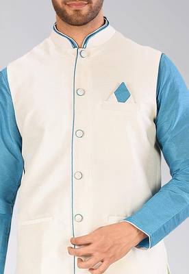 Cream dupon art silk nehru jacket with pipepin work 2