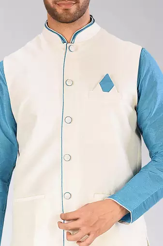 Cream dupon art silk nehru jacket with pipepin work