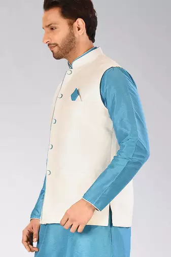 Cream dupon art silk nehru jacket with pipepin work