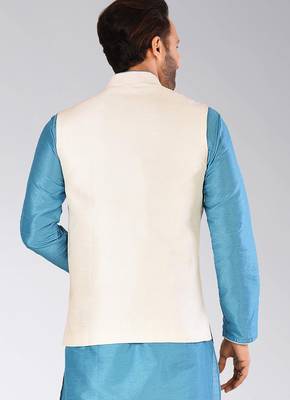 Cream dupon art silk nehru jacket with pipepin work 4