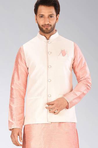 Cream dupon art silk nehru jacket with pipepin work