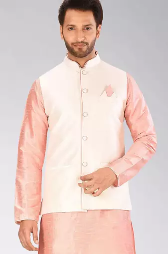 Cream dupon art silk nehru jacket with pipepin work