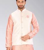 Cream dupon art silk nehru jacket with pipepin work