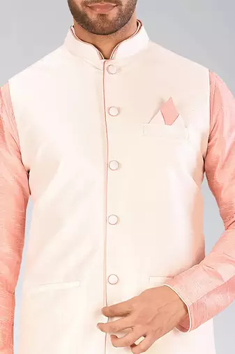 Cream dupon art silk nehru jacket with pipepin work