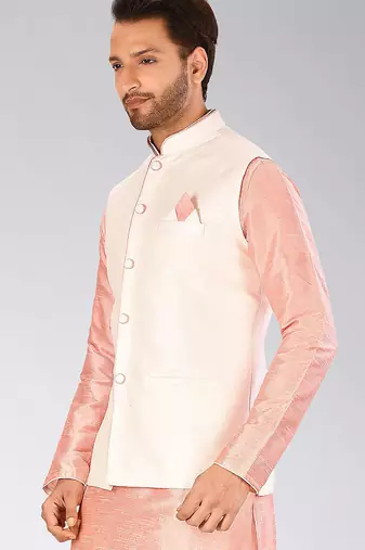 Cream dupon art silk nehru jacket with pipepin work