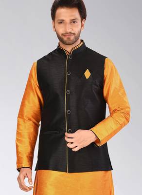 Black dupon art silk nehru jacket with pipepin work 1