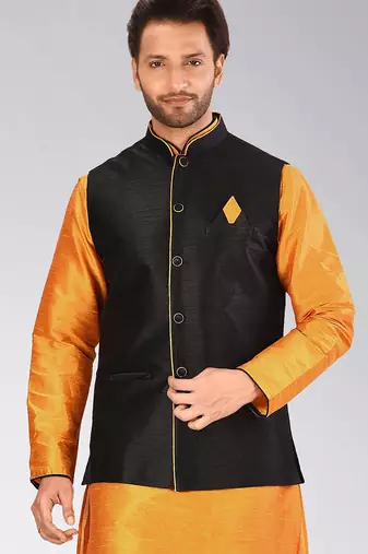 Black dupon art silk nehru jacket with pipepin work
