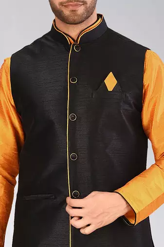 Black dupon art silk nehru jacket with pipepin work