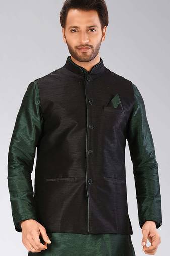 Black dupon art silk nehru jacket with pipepin work