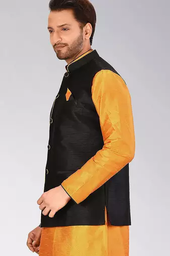 Black dupon art silk nehru jacket with pipepin work