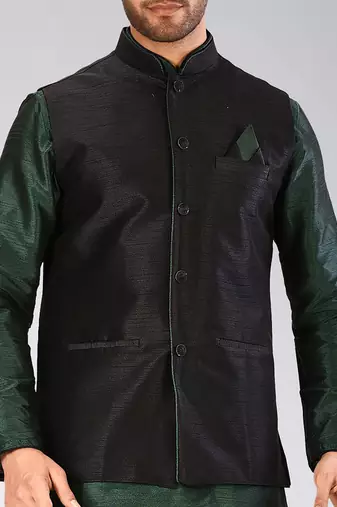 Black dupon art silk nehru jacket with pipepin work