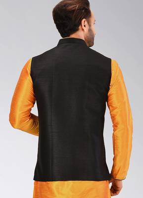 Black dupon art silk nehru jacket with pipepin work 4