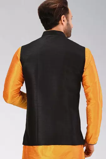 Black dupon art silk nehru jacket with pipepin work