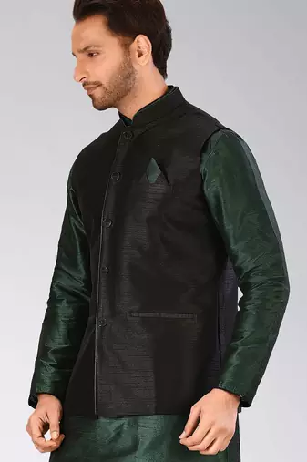 Black dupon art silk nehru jacket with pipepin work