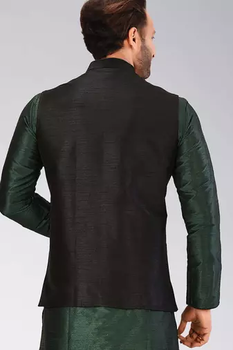 Black dupon art silk nehru jacket with pipepin work