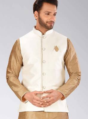Cream dupon art silk nehru jacket with pipepin work 1