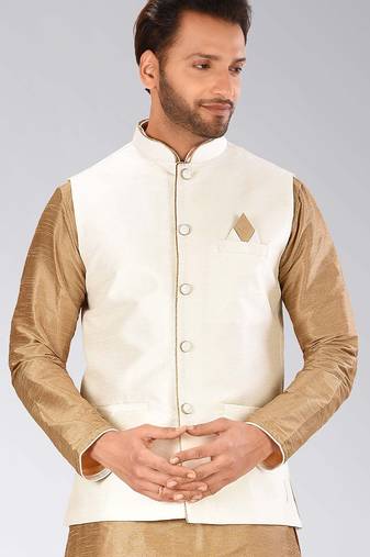 Cream dupon art silk nehru jacket with pipepin work