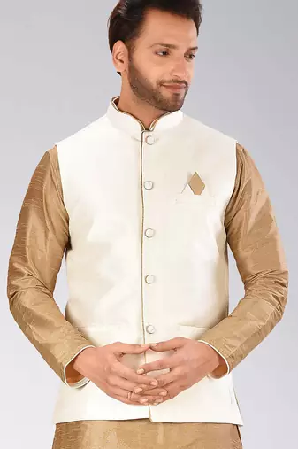 Cream dupon art silk nehru jacket with pipepin work