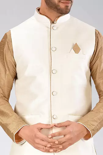 Cream dupon art silk nehru jacket with pipepin work