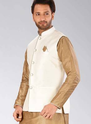 Cream dupon art silk nehru jacket with pipepin work 3