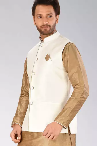 Cream dupon art silk nehru jacket with pipepin work