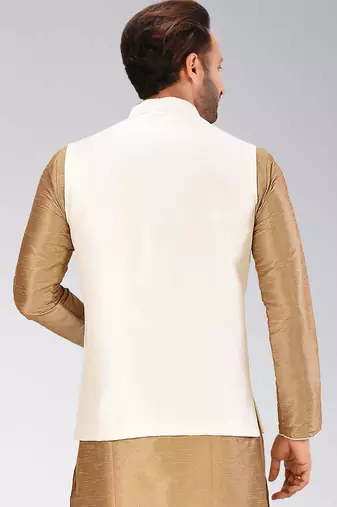 Cream dupon art silk nehru jacket with pipepin work
