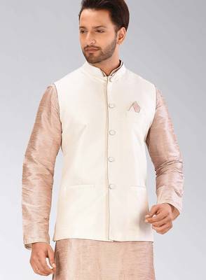 Cream dupon art silk nehru jacket with pipepin work 1