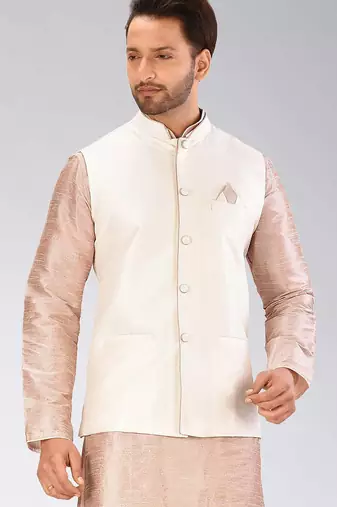 Cream dupon art silk nehru jacket with pipepin work