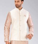 Cream dupon art silk nehru jacket with pipepin work