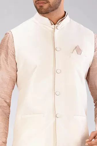 Cream dupon art silk nehru jacket with pipepin work