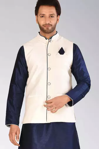 Cream dupon art silk nehru jacket with pipepin work