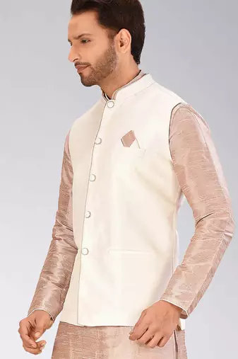 Cream dupon art silk nehru jacket with pipepin work