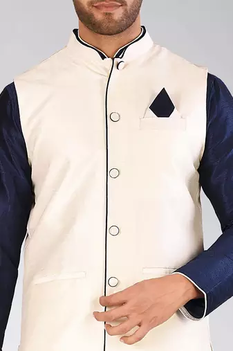 Cream dupon art silk nehru jacket with pipepin work
