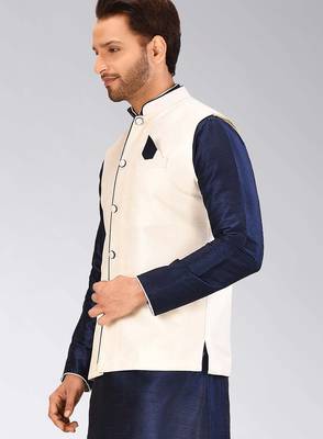 Cream dupon art silk nehru jacket with pipepin work 3