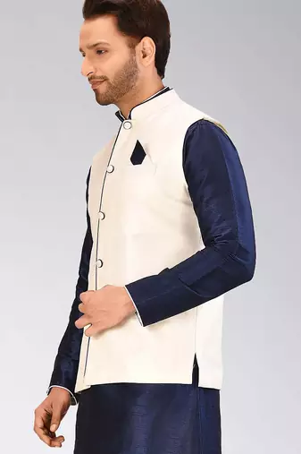 Cream dupon art silk nehru jacket with pipepin work