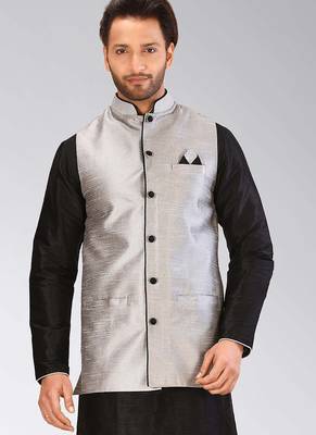 Grey dupon art silk nehru jacket with pipepin work 1
