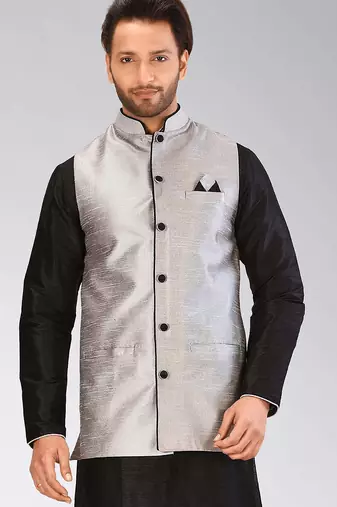 Grey dupon art silk nehru jacket with pipepin work