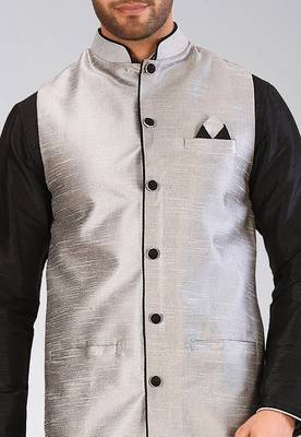 Grey dupon art silk nehru jacket with pipepin work 2