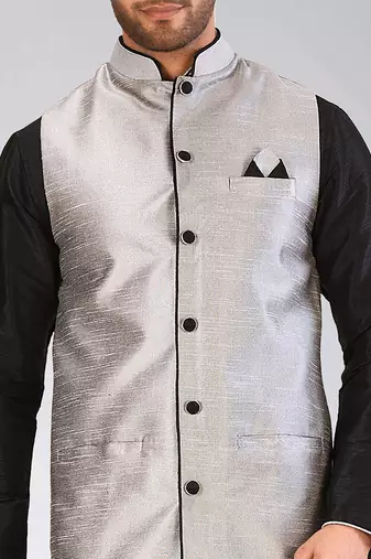 Grey dupon art silk nehru jacket with pipepin work