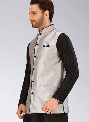 Grey dupon art silk nehru jacket with pipepin work 3