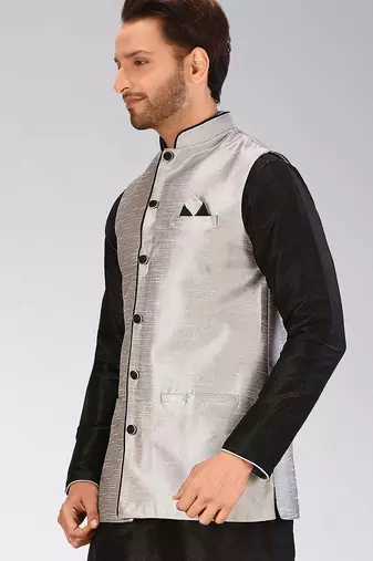 Grey dupon art silk nehru jacket with pipepin work