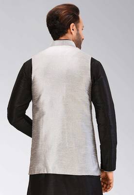 Grey dupon art silk nehru jacket with pipepin work 4