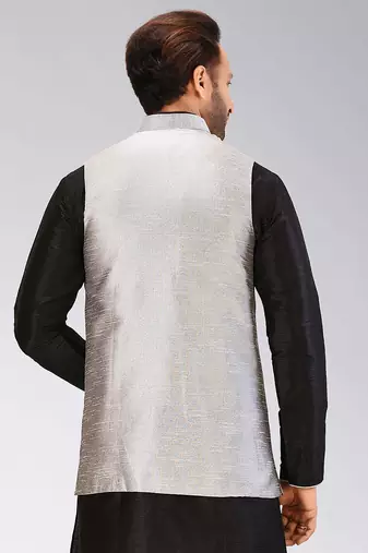 Grey dupon art silk nehru jacket with pipepin work