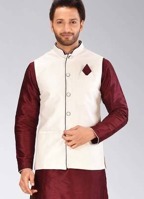 Cream dupon art silk nehru jacket with pipepin work 1