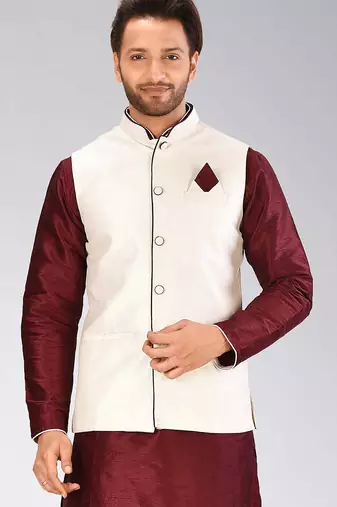 Cream dupon art silk nehru jacket with pipepin work