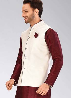 Cream dupon art silk nehru jacket with pipepin work 3