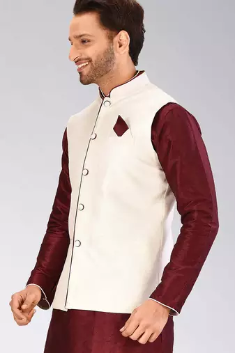 Cream dupon art silk nehru jacket with pipepin work