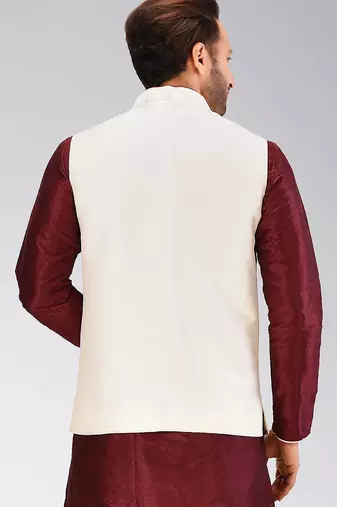 Cream dupon art silk nehru jacket with pipepin work